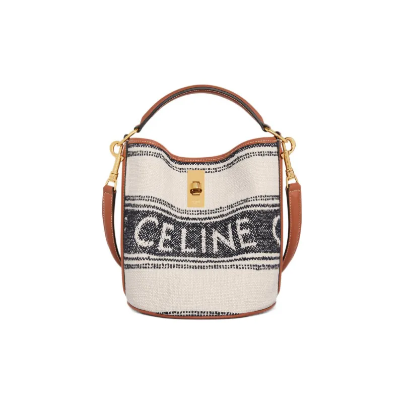 CELINE TEEN BUCKET Fabric And Cow Leather Bucket Bags Shoulder Bag Crossbody Bag Handbags Regular Women's White/Black-0