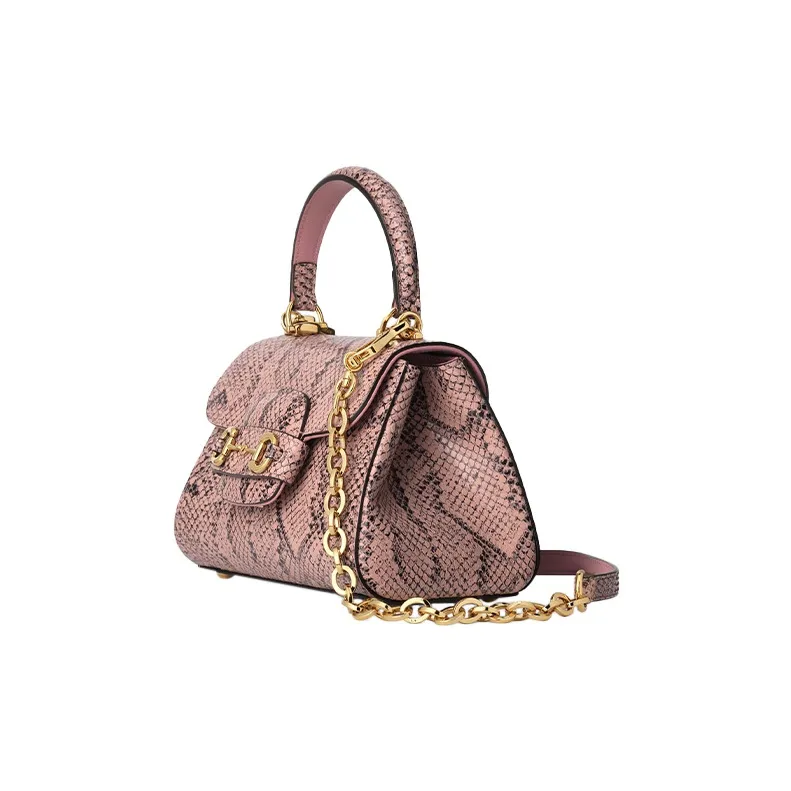 GUCCI Horsebit 1955 Python Skin Shoulder Bag Crossbody Bag Handbag Mini Women's Pink-3