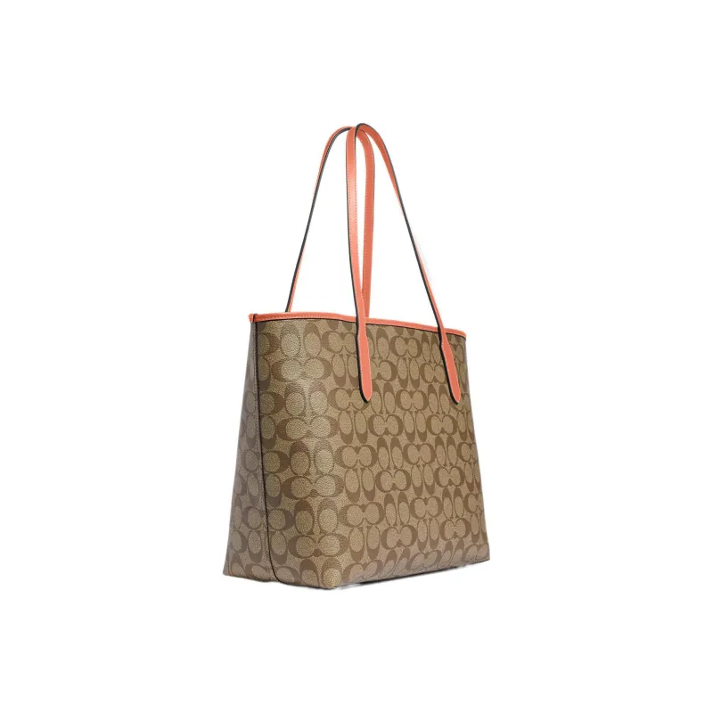 COACH City PVC Tote Bag Shopping Bag Handbag Shoulder Bag Large Size Women's Khaki With Light Coral-1