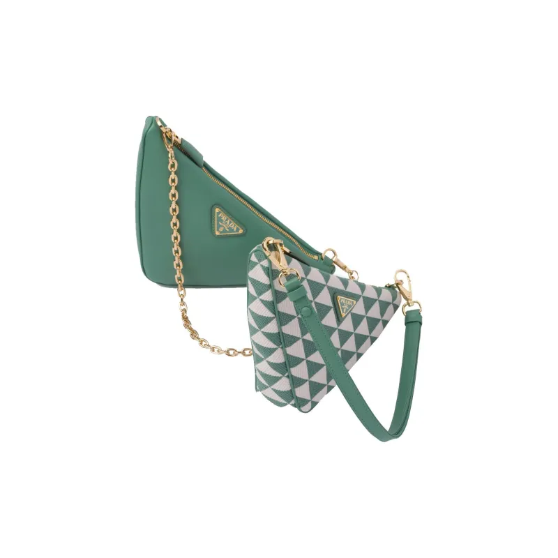 PRADA Triangle Leather With Fabric Triangle Bag, One Shoulder Handbag Mini Women's Grass Green/White-4