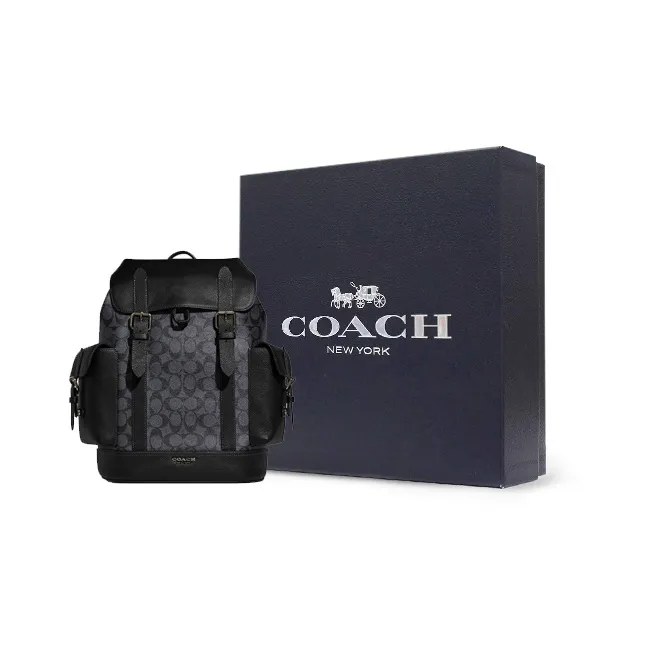 COACH Hudson Natural Pebbled Leather With Canvas Backpack Large Size Men's Black Yellow-5