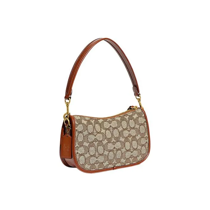 COACH Disney Collaboration Swinger Fabric Cow Leather Patchwork Handbag Small Size Women's Brown Gray-1