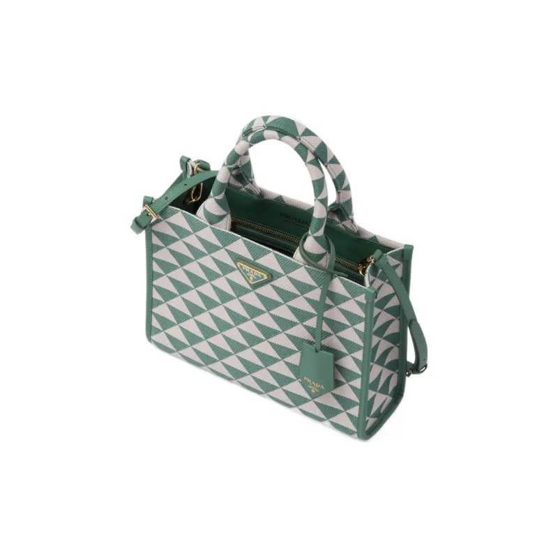 PRADA Symbole Fabric With Leather Tote Bag Shopping Bag Handbag Small Size Women's Grass Green/White-2