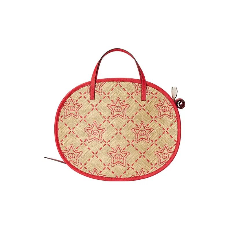 GUCCI Raffia With Leather Handbag Kids' Red/Beige-3