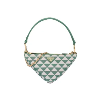 PRADA Triangle Leather With Fabric Triangle Bag, One Shoulder Handbag Mini Women's Grass Green/White