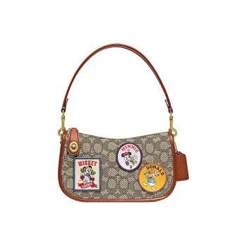 COACH Disney Collaboration Swinger Fabric Cow Leather Patchwork Handbag Small Size Women's Brown Gray