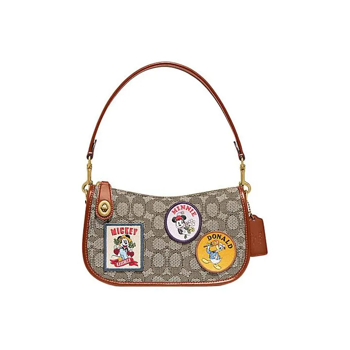COACH Disney Collaboration Swinger Fabric Cow Leather Patchwork Handbag Small Size Women's Brown Gray-0
