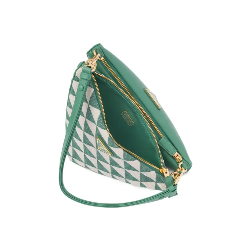 PRADA Triangle Leather With Fabric Triangle Bag, One Shoulder Handbag Mini Women's Grass Green/White-3