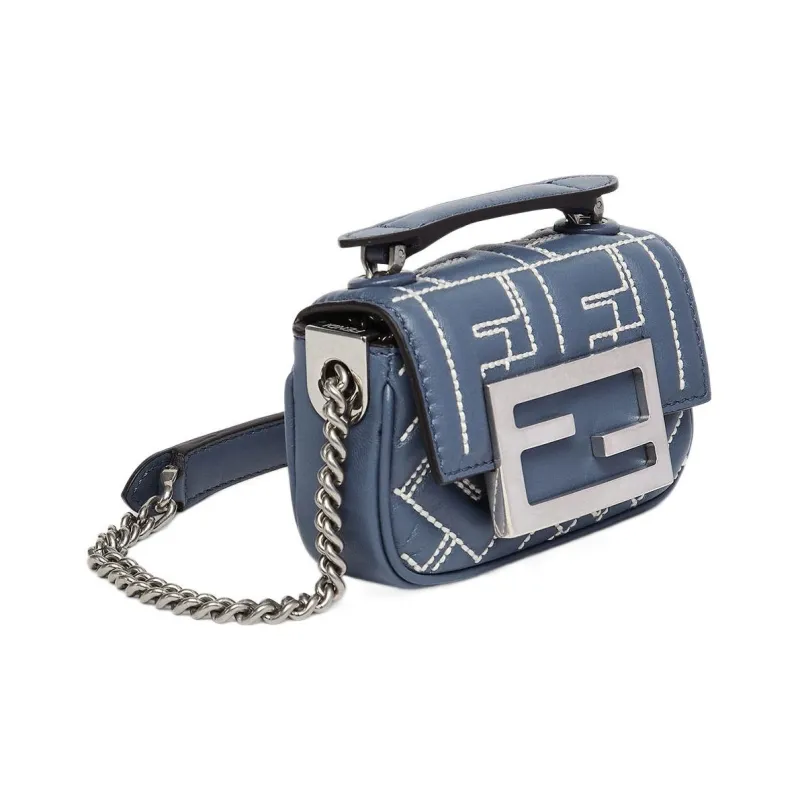 FENDI Baguette Embossed Sheepskin Crossbody Bag Shoulder Bag Mini Women's Blue-1