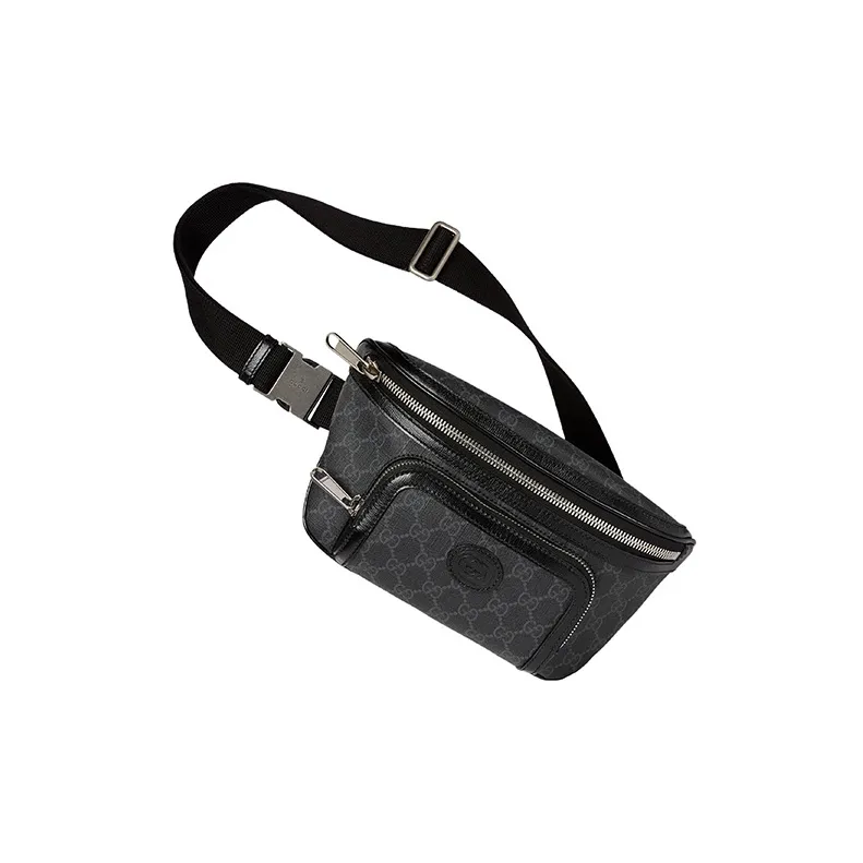 GUCCI Canvas With Leather Trim Fanny Pack Large Size Men's Black-1