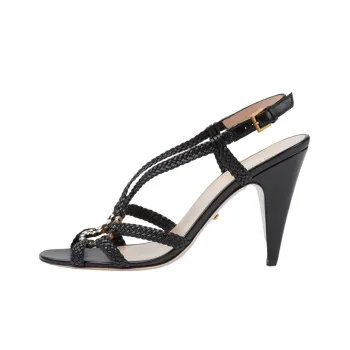GUCCI Crystal Interlocking G Heeled Sandals Black Braided Leather Women's