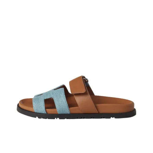 HERMES Chypre Slide Slippers Women's Blue Brown