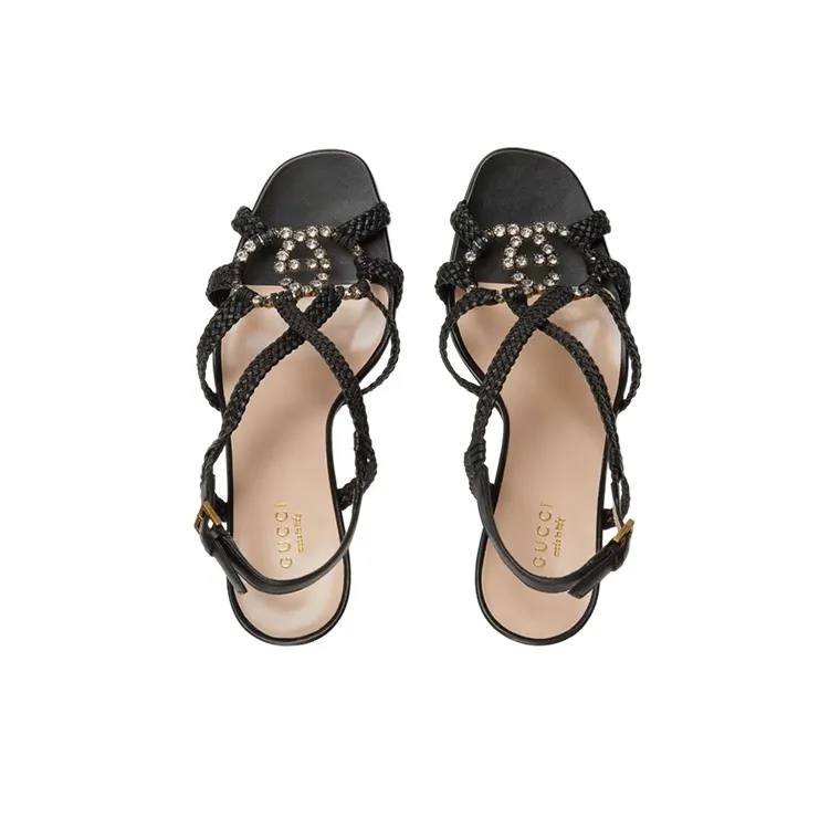 GUCCI Crystal Interlocking G Heeled Sandals Black Braided Leather Women's-3