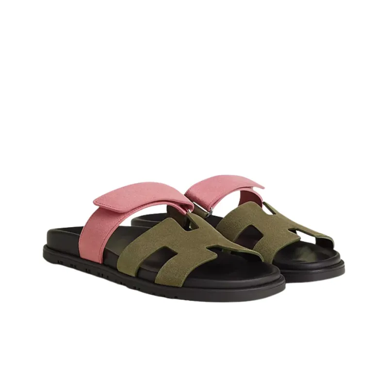 HERMES Chypre Slide Slippers Women's Green Pink-3