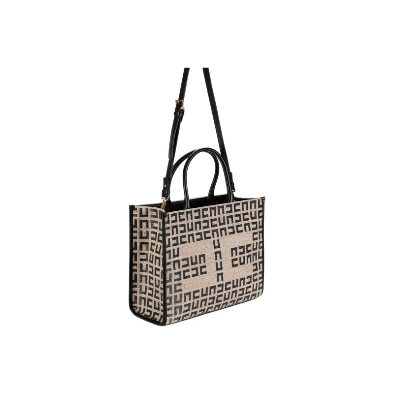 Elisabetta Franchi Raffia Tote Bag, Shopping Bag, Handbag Medium Size Women's Beige/Black-1