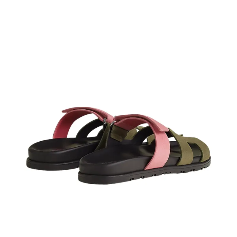 HERMES Chypre Slide Slippers Women's Green Pink-4