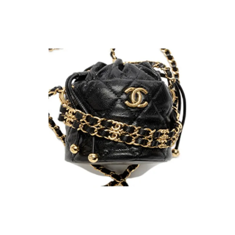 CHANEL 22K Autumn And Winter Grain Embossed Calfskin Bucket Bag, One Shoulder Crossbody Clutch Women's Black-4