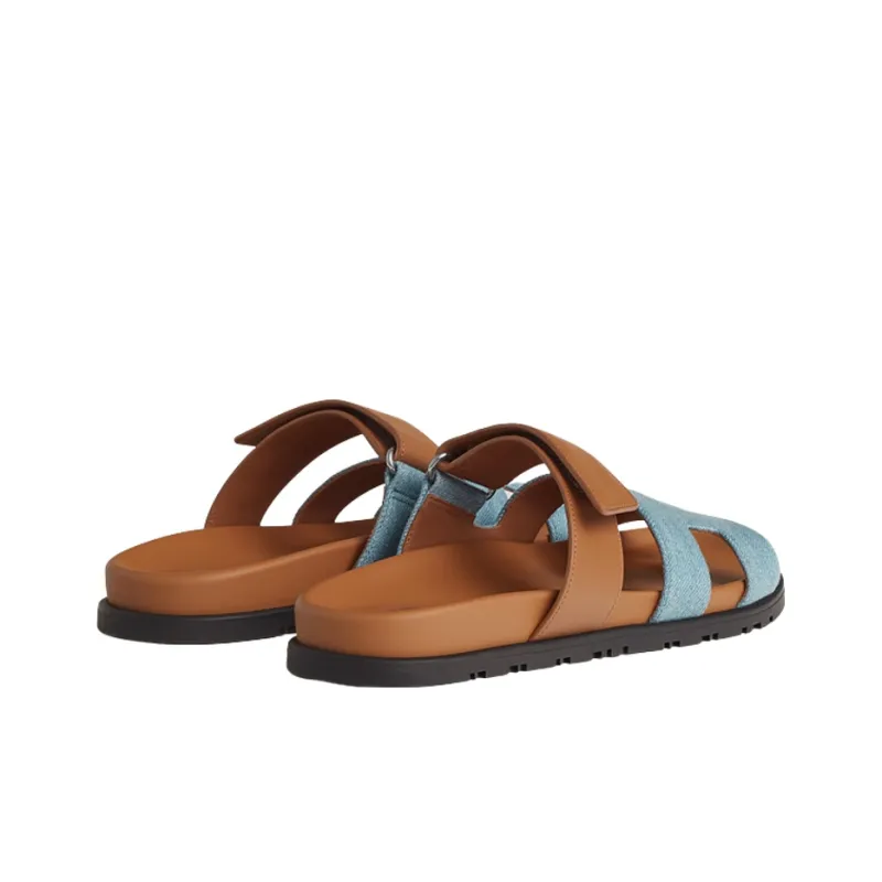 HERMES Chypre Slide Slippers Women's Blue Brown-4