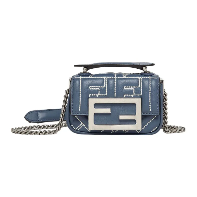 FENDI Baguette Embossed Sheepskin Crossbody Bag Shoulder Bag Mini Women's Blue-0