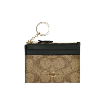 COACH Mini Id Skinny Coated Canvas With Smooth Leather Document Wallet Card Holders Mini Women's Brown & Dark Green