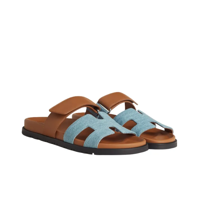 HERMES Chypre Slide Slippers Women's Blue Brown-3