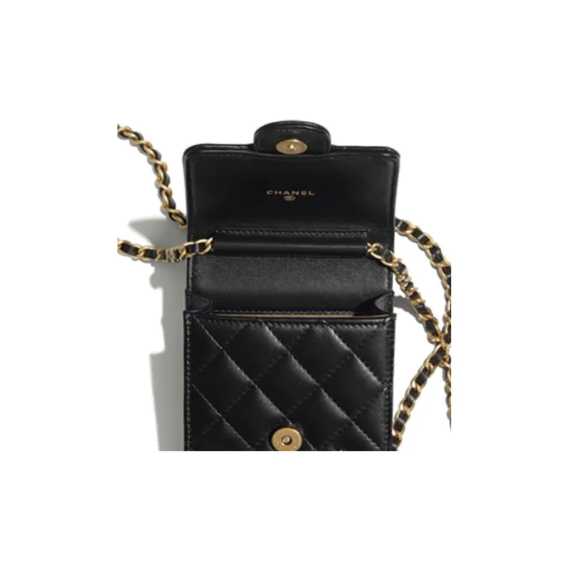 CHANEL Sheepskin & Metal One Shoulder Crossbody Cell Phone Pouch Mini Women's Black/Gold-4