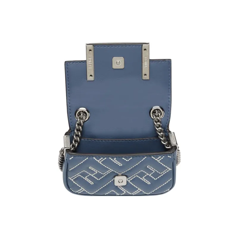 FENDI Baguette Embossed Sheepskin Crossbody Bag Shoulder Bag Mini Women's Blue-3