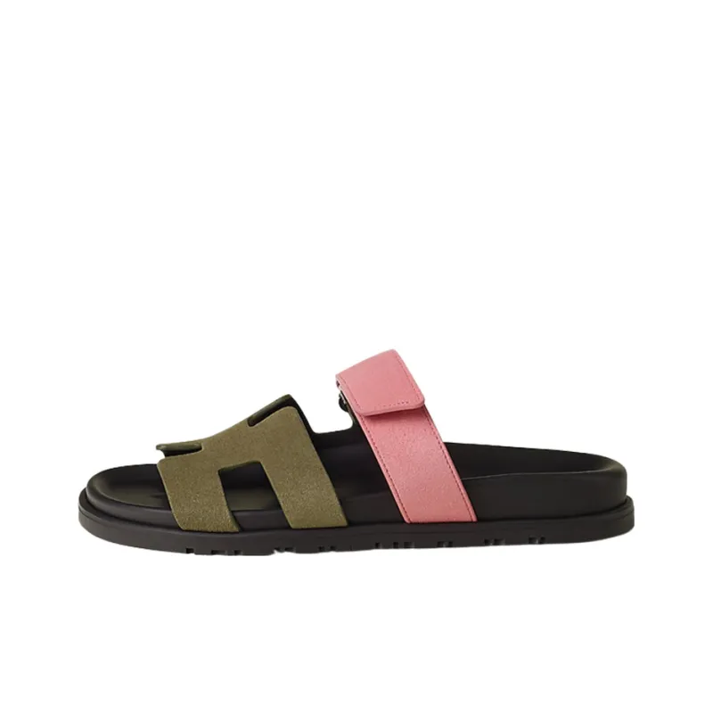 HERMES Chypre Slide Slippers Women's Green Pink-0