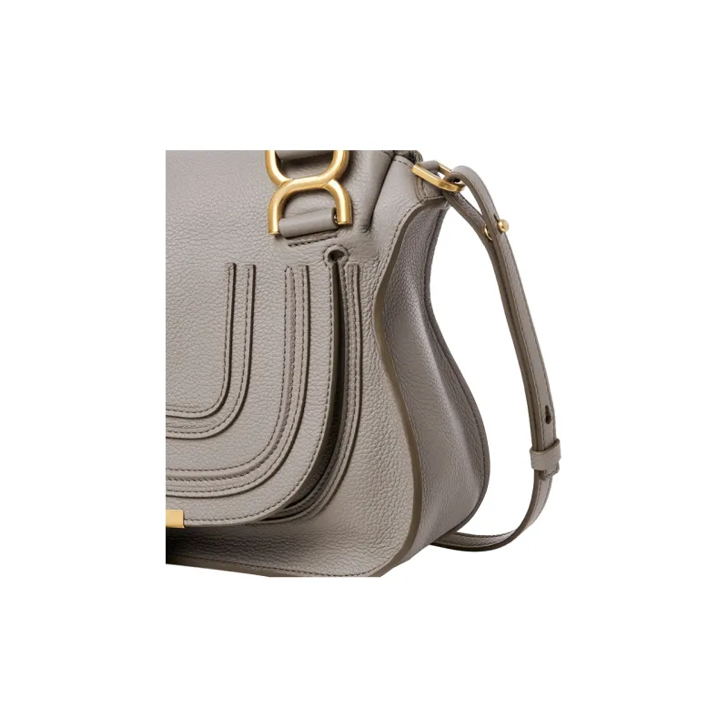 Chloe Marcie Grained Calfskin Shoulder Bag Crossbody Bag Handbag Small Size Women's Cashmere Gray-3