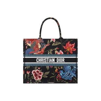 DIOR Embroidery Tote Bag Shopping Bag Handbag Large Size Women's Black/Multicolor