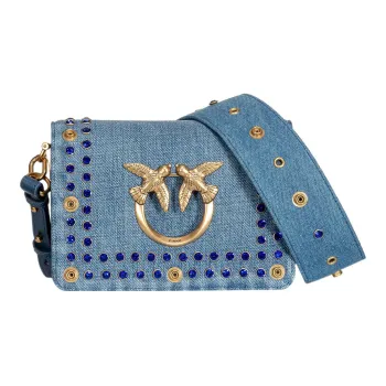 PINKO Cotton With Cow Leather Bird Bag, Swallow Bag, Crossbody Bag, Shoulder Bag Women's Denim Blue