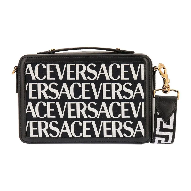 VERSACE Calfskin Patchwork Fabric Messenger Bag Box Bag Shoulder Bag Crossbody Bag Regular Men's Black/White-2