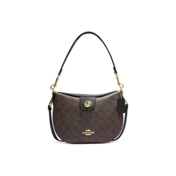 COACH HoboElla Canvas With Leather Shoulder Bag Crossbody Bag Handbag Large Size Women's Dark Brown