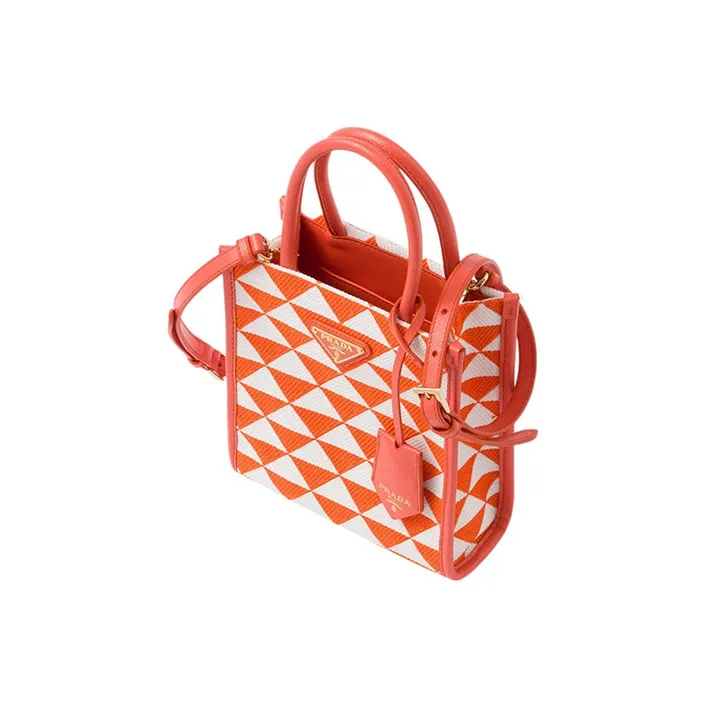 PRADA Symbole Fabric With Leather Tote Bag Shopping Bag Shoulder Bag Crossbody Bag Handbag Mini Women's Orange/White-1