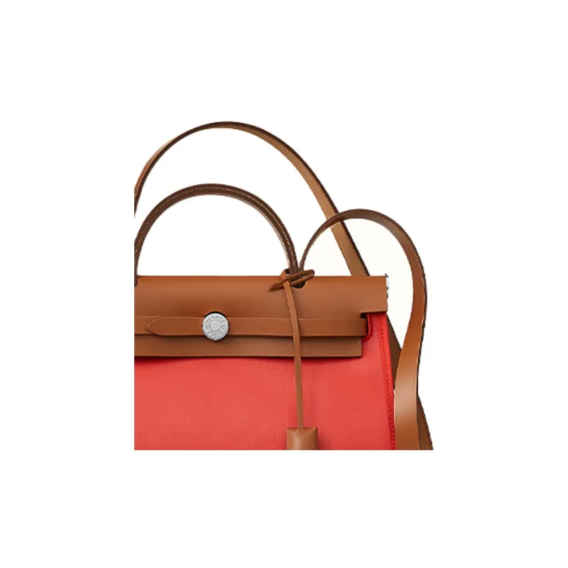 HERMES Herbag Zip Cowhide Patchwork Canvas Handbag Shoulder Bag Crossbody Bag Women's Orange Red/Brown-4