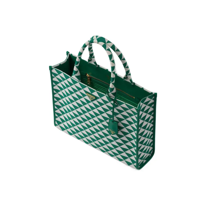PRADA Fabric With Leather Tote Bag Shopping Bag Handbag Large Size Women's Green/White-2
