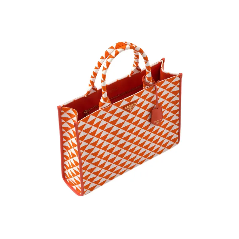 PRADA Fabric With Leather Tote Bag Shopping Bag Handbag Large Size Women's Orange/White-2
