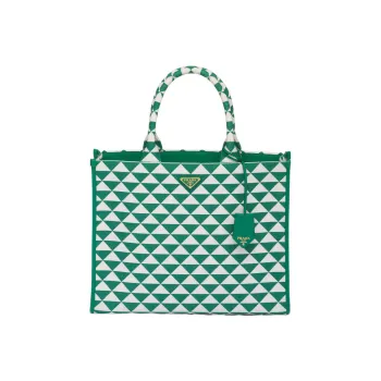 PRADA Fabric With Leather Tote Bag Shopping Bag Handbag Large Size Women's Green/White