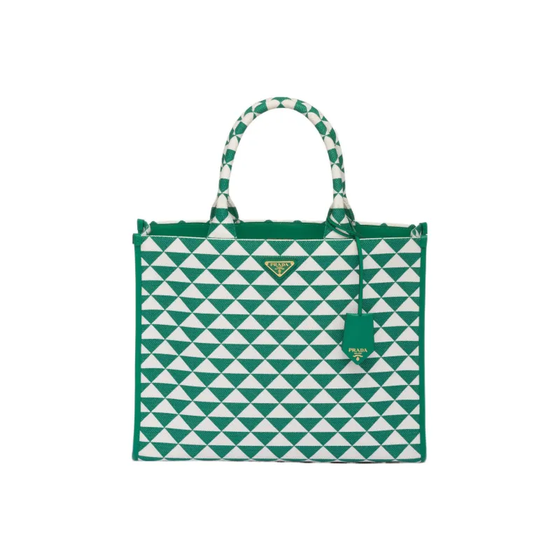 PRADA Fabric With Leather Tote Bag Shopping Bag Handbag Large Size Women's Green/White-0