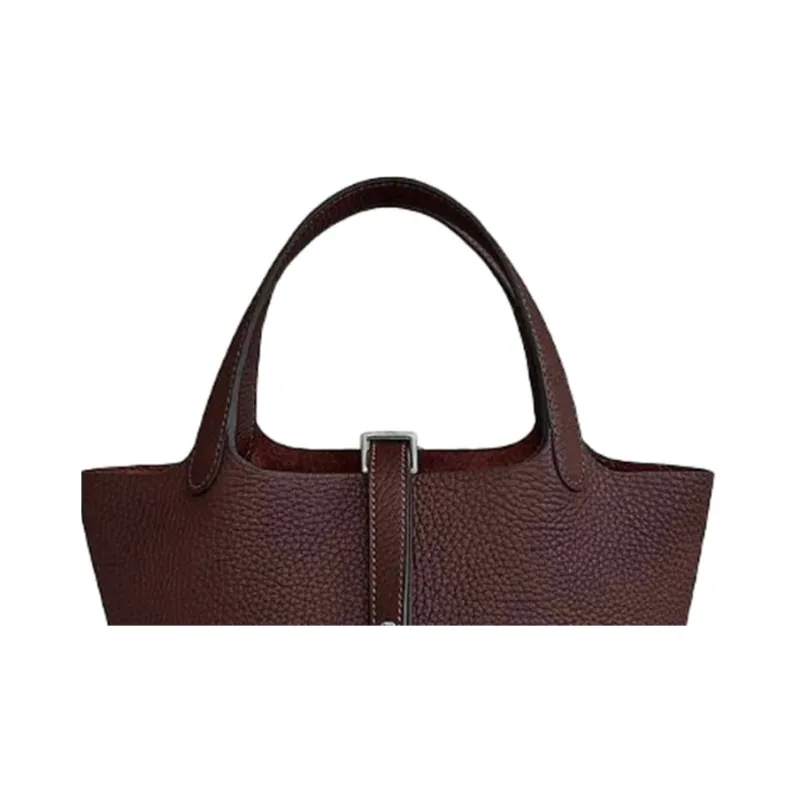 HERMES Clemence Bullock Leather Basket Bag, Bucket Bag, Handbag 18 Women's 0G Rouge Sellier Saddle Red-6