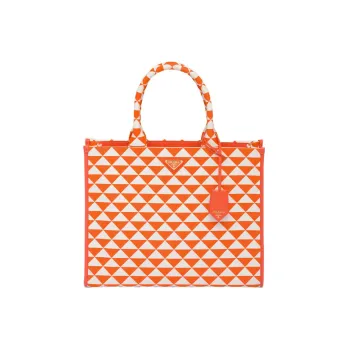 PRADA Fabric With Leather Tote Bag Shopping Bag Handbag Large Size Women's Orange/White