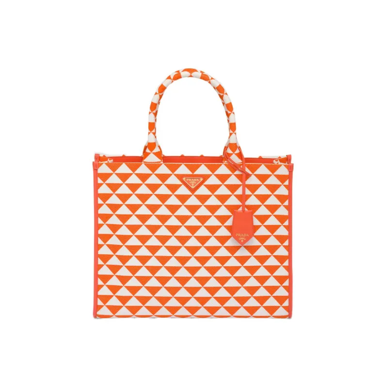 PRADA Fabric With Leather Tote Bag Shopping Bag Handbag Large Size Women's Orange/White-0