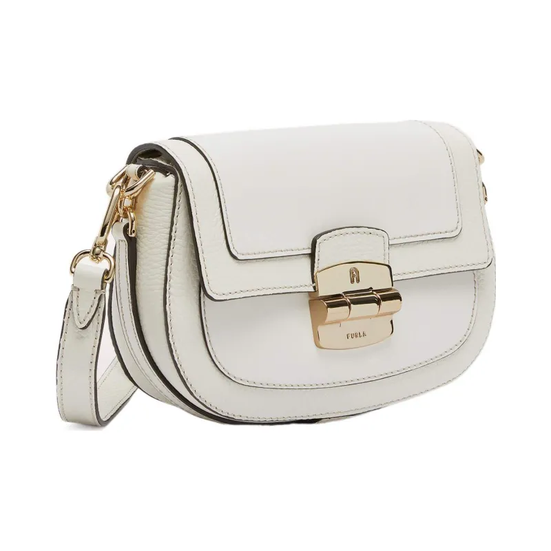 Furla Club 2 Cowhide Leather Saddle Bag, Shoulder Bag, Crossbody Bag Small Size Women's White-2