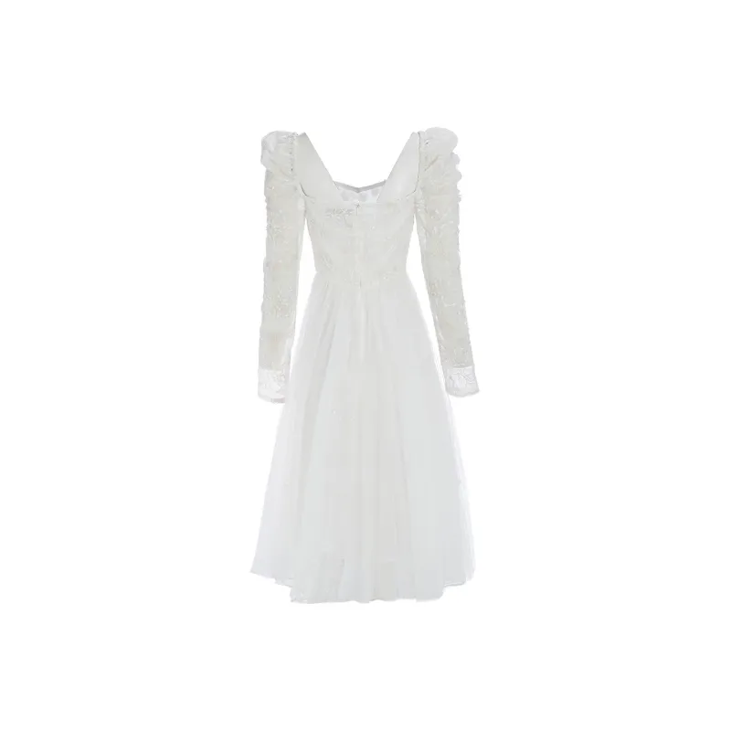 Marie Elie Long Sleeved Dresses Women's White Base Pattern-1