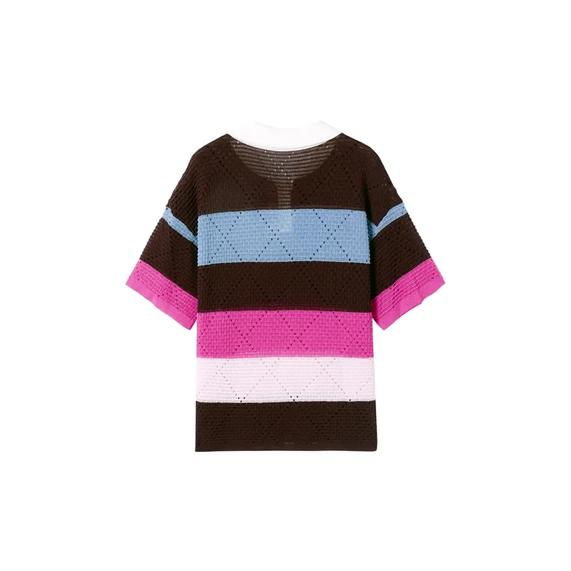 SEENFAAN Polo Shirts Women's Coffee & Blue Patchwork-1