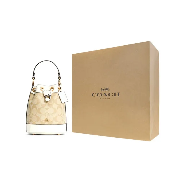COACH Dempsey Canvas Coated Patchwork Cow Leather Bucket Bag, Handbag, Crossbody Bag Mini Women's Light Khaki-6