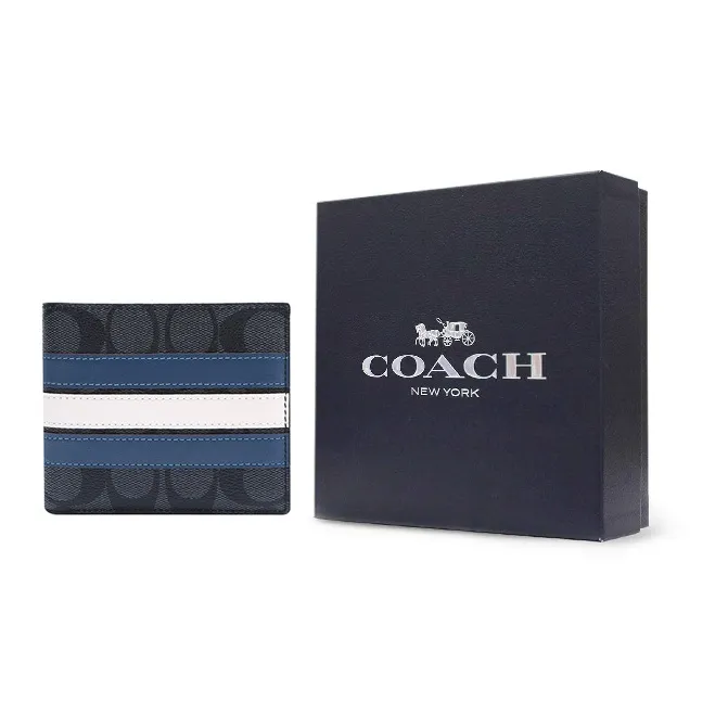 COACH 3 IN 1 Wallet Canvas With Leather 3 in 1 Wallet Men's Old Flower Black/Blue White Stripes-7