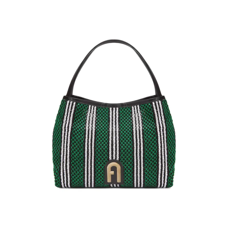 Furla Primula Fabric Hobo Bag Watermelon Handbag Shoulder Bag Large Size Women's Green & Black White Stripes-0