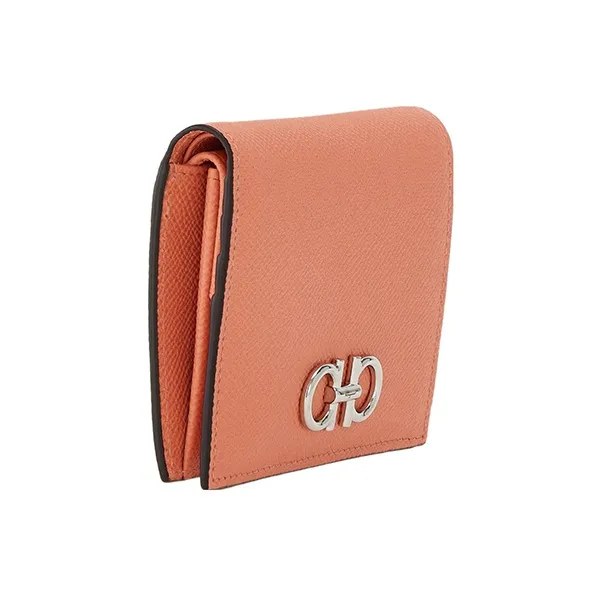 FERRAGAMO GANCINI Hammered Texture Calfskin Wallet Women's Coral Orange-1