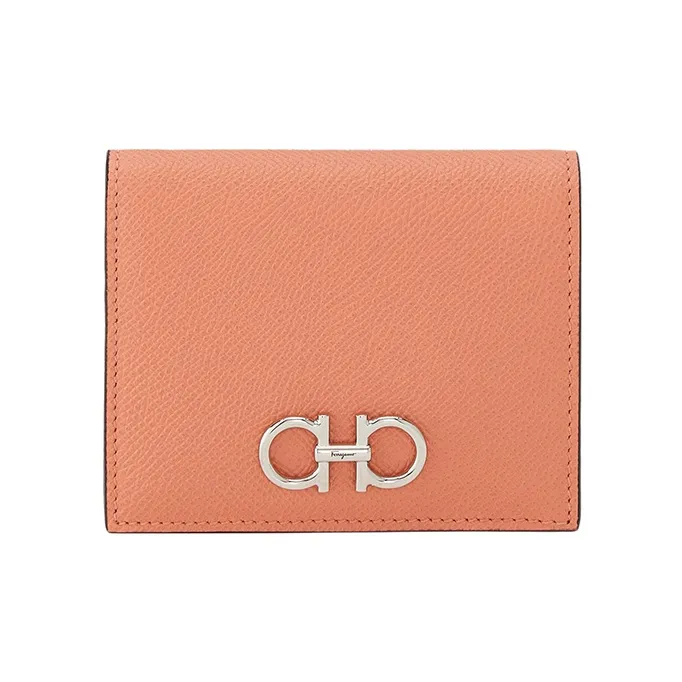 FERRAGAMO GANCINI Hammered Texture Calfskin Wallet Women's Coral Orange-0